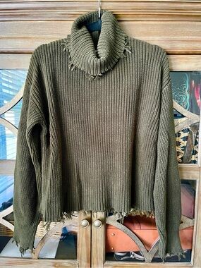525 America Olive Green Distressed Turtleneck Sweater; 100% Cotton
